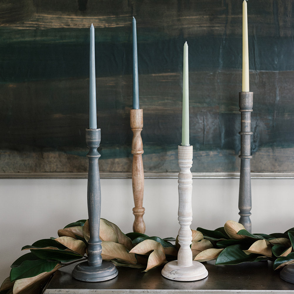 Artisan crafted wood taper candle holders from CG Hunter in Gray, White, and Natural Wood