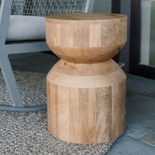 Luxury CG Hunter Handmade Natural Wooden Accent Table showcased outdoors, featuring a unique rounded design and natural wood finish, ideal for modern and rustic home decor.