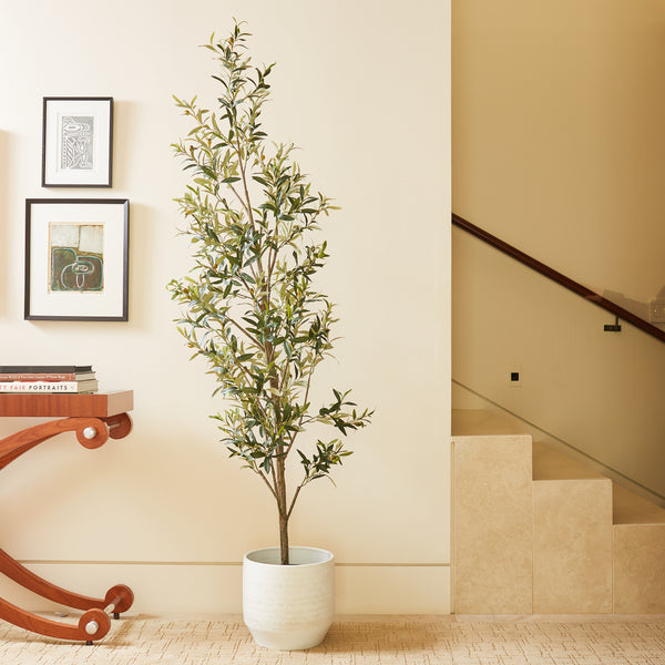 7' Faux Slim Olive Tree Lifestyle Image with White Planter
