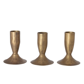 Set of three CG Hunter's 3.5" Iron Candleholders in Antique Brass displayed elegantly against a white background, showcasing their timeless design and luxurious finish.
