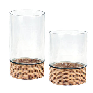 CG Hunter Handcrafted Clear Glass and Rattan Candleholder showcasing a luxurious design with clear glass and woven rattan base, ideal for elevating home decor.
