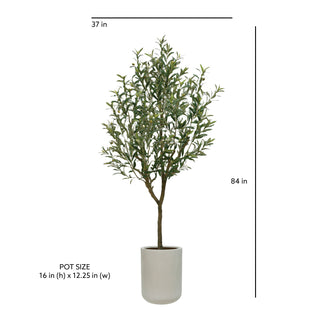 Size dimensions of the CG Hunter Artificial 7' Olive Tree alongside its sleek planter, illustrating the height and elegance perfect for enhancing sophisticated home decor.