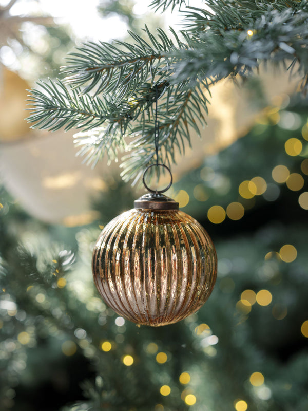 4" Ribbed Gold Mercury Glass Ornament on tree