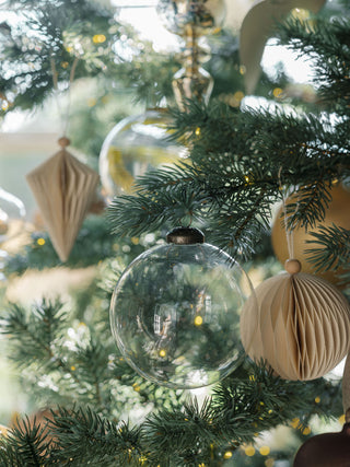 Stylish 4-inch clear glass ornament by CG Hunter, adorned among lush green pine branches on a festive holiday tree, reflecting the spirit of the season.
