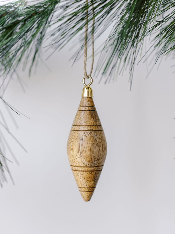 Natural Mango Wood Ornament - Assorted Set of 6 narrow teardrop