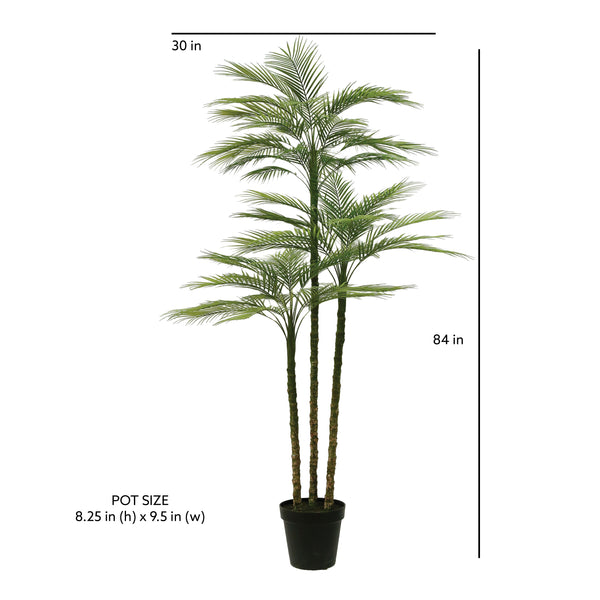 CG Hunter Artificial Palm Tree 7' in a sleek black 9.5" grower pot dimension spec image with pot and plant dimensions