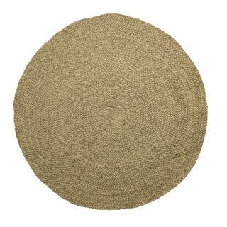 Aerial view of the CG Hunter Handmade Natural Round Braided Jute Rug, showcasing its natural hues and inviting warmth into elegant home environments.