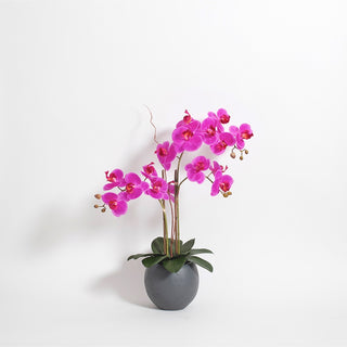 Charming showcase of the Artificial Pink Double Stem Orchid by CG Hunter in a stylish gray pot, enhancing a minimalist decor aesthetic.