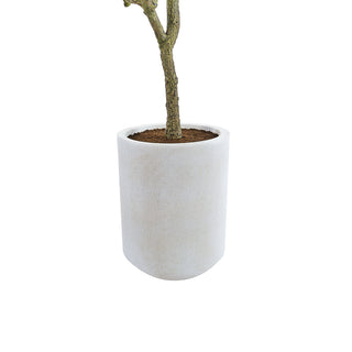 Detailed view of the artisan-crafted Mediterranean planter housing the CG Hunter Artificial 7' Olive Tree, emphasizing its textured finish and modern design.