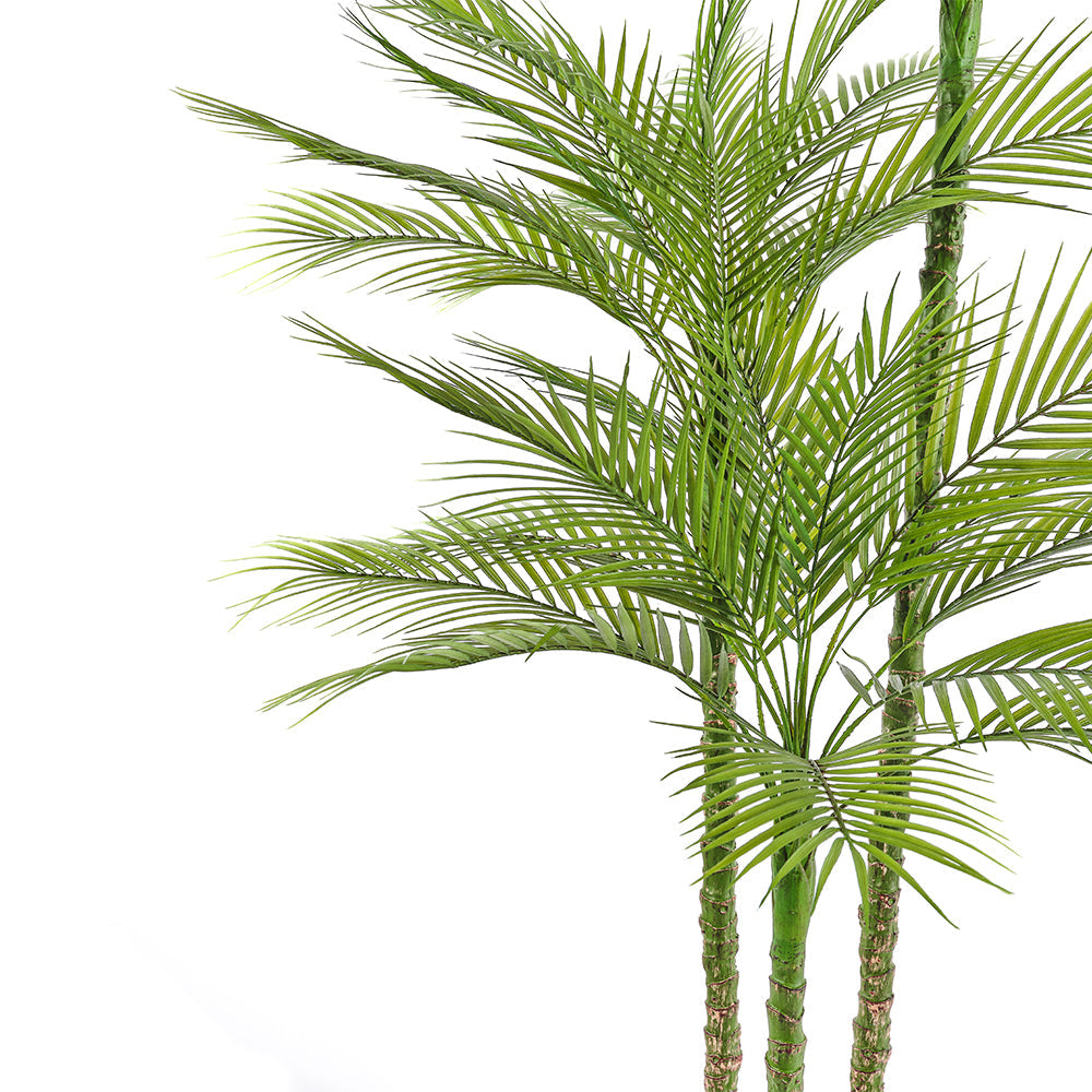 Close up of CG Hunter Faux Palm Tree 7' silk lifelike leaves and handpainted tree branches and handpainted tree trunk