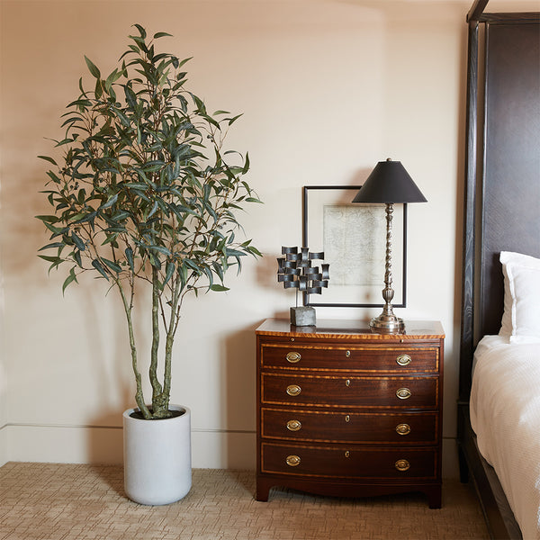 Artificial Willow Eucalyptus Tree 7' with Artisan Planter in bedroom by night stand