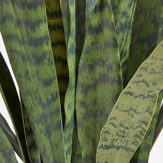 Close-up of the lifelike leaves of the Artificial Snake Plant with Artisan Planter by CG Hunter, showcasing intricate patterns and rich green tones.