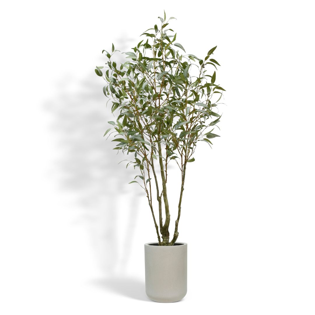 7' Faux Willow Eucalyptus Tree with Artisan Planter for Commercial on White Background