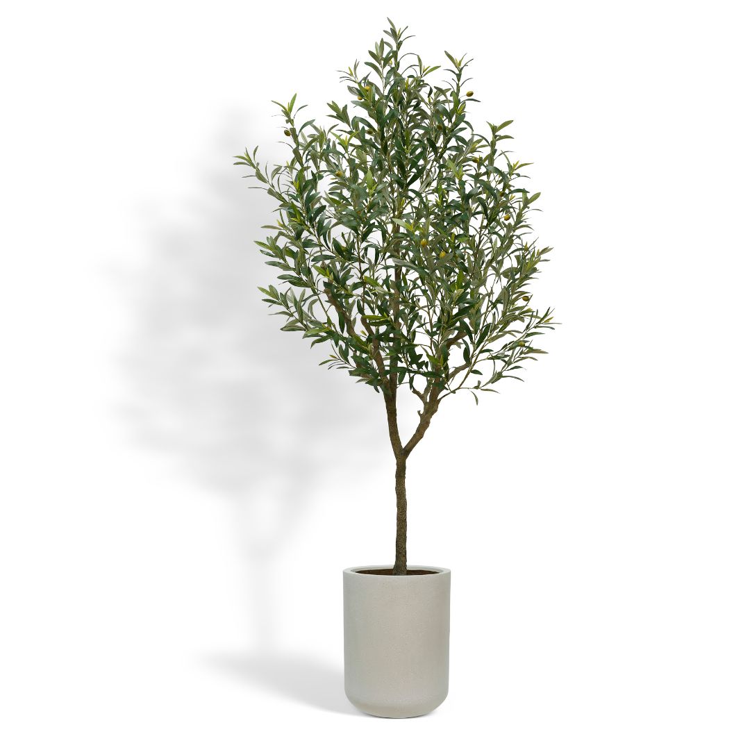 7' Faux Olive Tree with Artisan Planter for Commercial Space on White Background