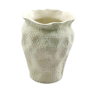 Artistic CG Hunter Off-White Aluminum Vase with a wavy rim and textured surface, ideal for fresh flowers or as a standalone decor piece.