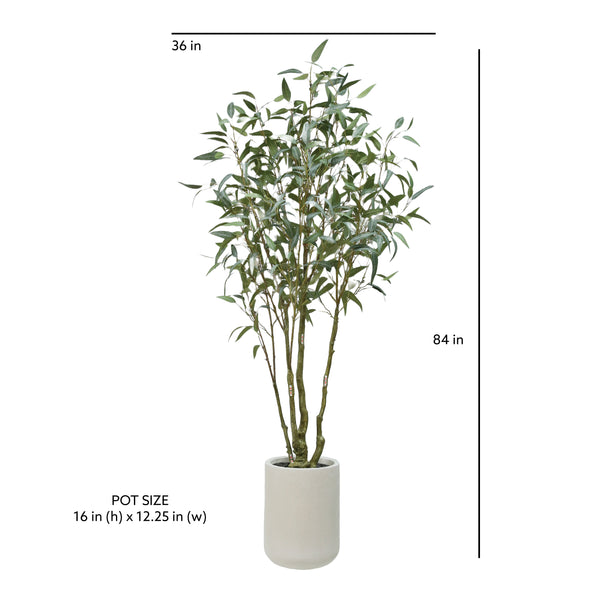  CG Hunter Artificial Willow Eucalyptus Tree 7' showcased dimensions for the tree and planter