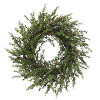 Top view of the 28" Artificial Pine Wreath with Pinecones by CG Hunter, featuring a beautifully crafted wreath that adds a touch of nature to festive decorations.