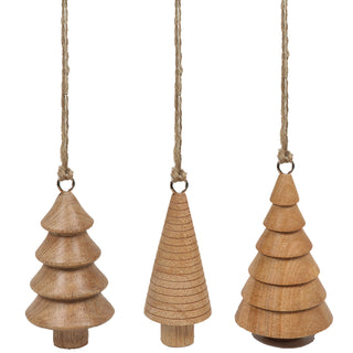 Set of three handcrafted 5" Wooden Tree Christmas Ornaments by CG Hunter, showcasing artisanal design with intricate carvings in natural wood finishes.
