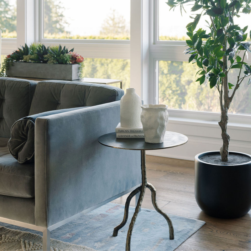 CG Hunter metallic antique side table, succulents, and faux tree are examples of the importance of home decor
