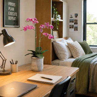 Artificial 2-Stem Phalaenopsis Pink Orchid styled on a dorm desk beside a study lamp and bed