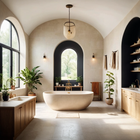 Luxury bathroom featuring faux plants, a modern freestanding bathtub, and elegant natural wood accents, exemplifying the theme from '7 Common Mistakes to Avoid When Decorating with Faux Plants'.