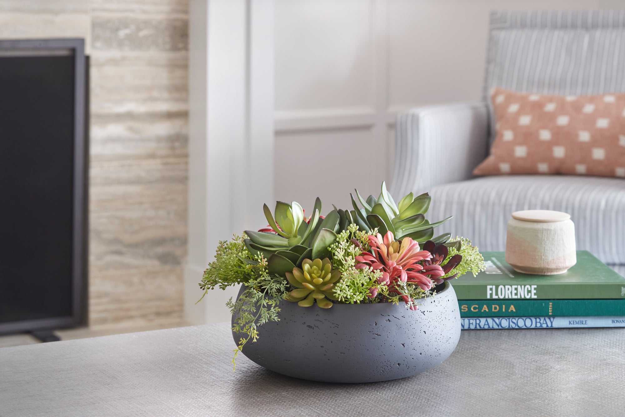 Faux Succulents in modern round pot, realistic looking plants, artificial succulents, artificial fake plant
