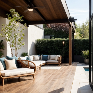 Luxurious outdoor living area featuring CG Hunter's Artificial Outdoor Greenery collection with lifelike artificial outdoor plants, elegantly arranged on a wooden deck with stylish seating, perfect for enhancing covered porches and patios.