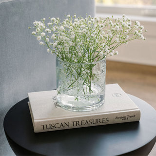 Shorter Etched Vases on CGH side table next to couch