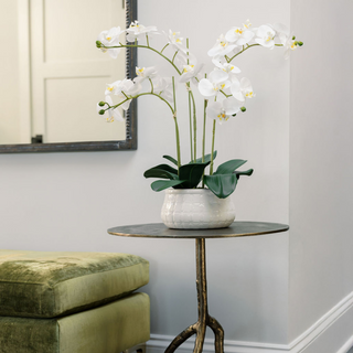 Stylish arrangement of the CG Hunter Artificial 4-Stem Phalaenopsis White Orchid on a chic table, adding a touch of luxury to the home decor.