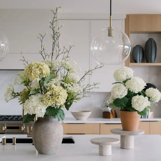 Decorative flowers in vases on a kitchen counter