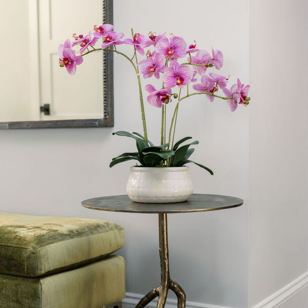 23" Faux Orchid Arrangement in Purple - Lifelike Phalaenopsis in White Ceramic Pot