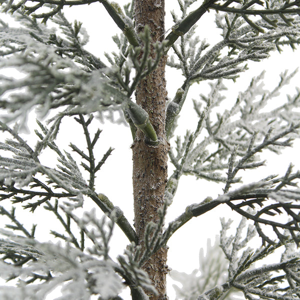 Close-up of CG Hunter 2' Flocked Cedar Tree highlighting its intricate branch details and exquisite snowy finish, perfect for upscale festive decor.