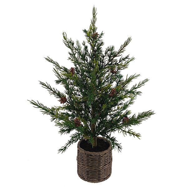Single CG Hunter 2' Pine Tree featuring rich green foliage and rustic mini pinecones, nestled in a decorative woven basket, ideal for adding charm to any space.