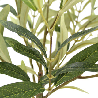 Close-up of olive leaves from the 12" Rosemary & 16" Olive Topiary Set by CG Hunter, highlighting the realistic details of this faux topiary set, perfect for houseplants, spring faux decorations, and tabletop plants.