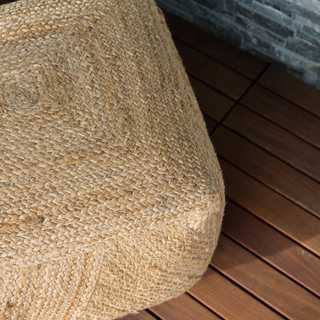 Close-up view of the Square Braided Jute Ottoman Pouf by CG Hunter, highlighting its intricate braided design and premium materials.