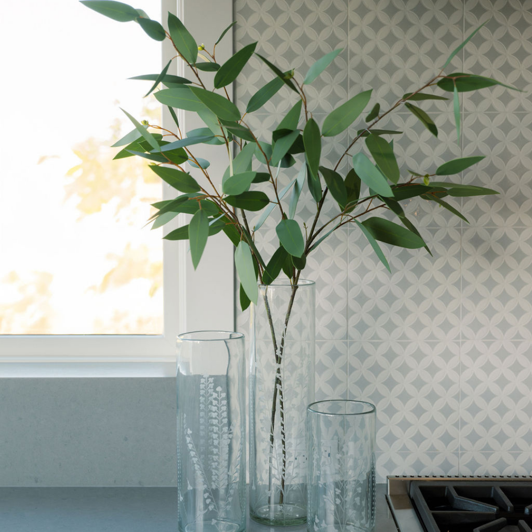 Etched Vase Set on Kitchen Counter with Stems