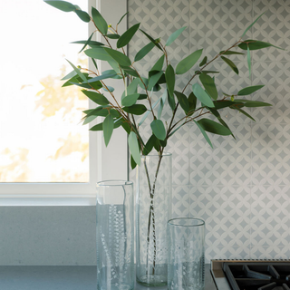 Sophisticated CG Hunter tall etched glass vases arranged with lush greenery, ideal for modern home decor and enhancing the elegance of any space.