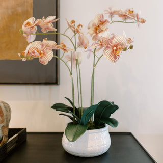 A luxurious arrangement of an artificial 4-stem Phalaenopsis orange orchid by CG Hunter, elegantly displayed in a white decorative pot, showcasing vibrant colors and lifelike details that enhance interior decor.
