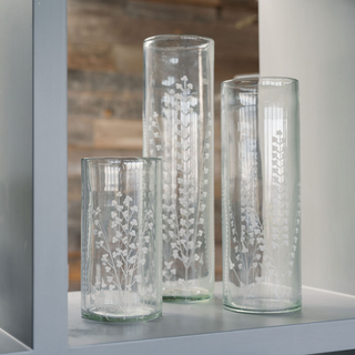 Artistic CG Hunter set of 3 etched glass tall vases displayed elegantly, showcasing their unique designs and luxury aesthetic, perfect for any interior.