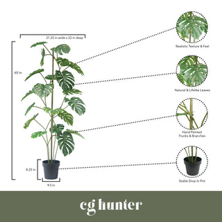 Feature highlights of the 5' Artificial Monstera Tree by CG Hunter, showcasing its realistic texture, natural leaves, and elegant design for luxury interiors.
