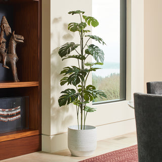 5' Artificial Monstera Tree by CG Hunter elegantly displayed in a modern living space with large window and rich wooden accents.