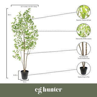 Infographic of CG Hunter's 7' Artificial Heart Ficus Tree, highlighting realistic texture, natural leaves, and hand-painted trunks, ideal for timeless decoration.