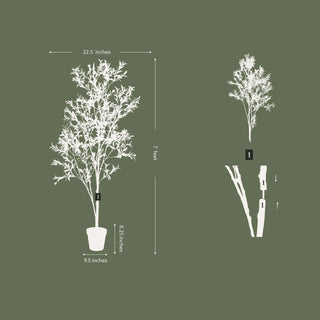 Detailed dimensions of the 7' Artificial Wispy Olive Tree by CG Hunter, illustrating its height, width, and pot size, ideal for effortless home decor planning.