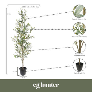 CG Hunter 7' Artificial Slim Olive Tree with details on realistic texture, natural leaves, and hand-painted branches, ideal for elegant decor in compact spaces.