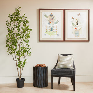 Sophisticated living space showcasing CG Hunter's 7' Artificial Heart Ficus Tree beside decorative artwork and modern seating.