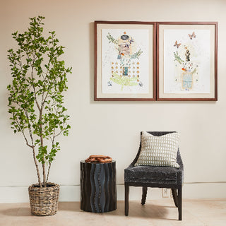 Stylishly designed area with CG Hunter's 7' Artificial Heart Ficus Tree in a woven basket, accentuated by modern seating and artistic decor.