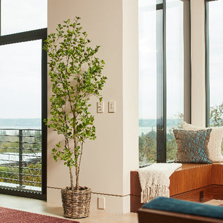 Sophisticated CG Hunter 7' Artificial Heart Leaf Ficus Tree showcased in a woven basket, perfect for enhancing elegant home styling.