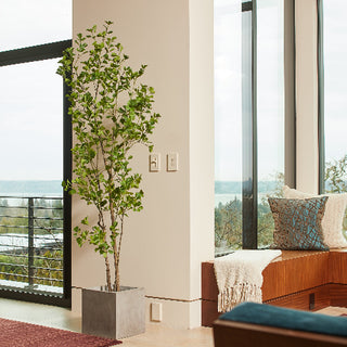 Modern CG Hunter 7' Artificial Heart Leaf Ficus Tree presented in a minimalist concrete planter, uplifting luxury interior aesthetics.