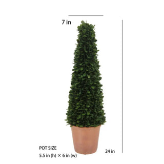 Potted artificial topiary tree with dimensions on a white background
