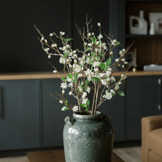Decorative plant in a textured vase on a table with a blurred background